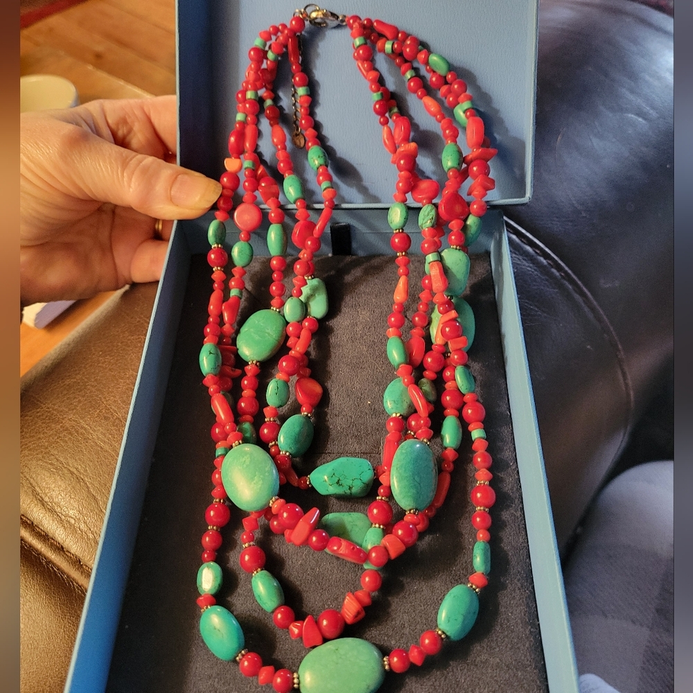Genuine Coral, Turquoise & Silver Beaded Necklace. - Picture 4 of 6
